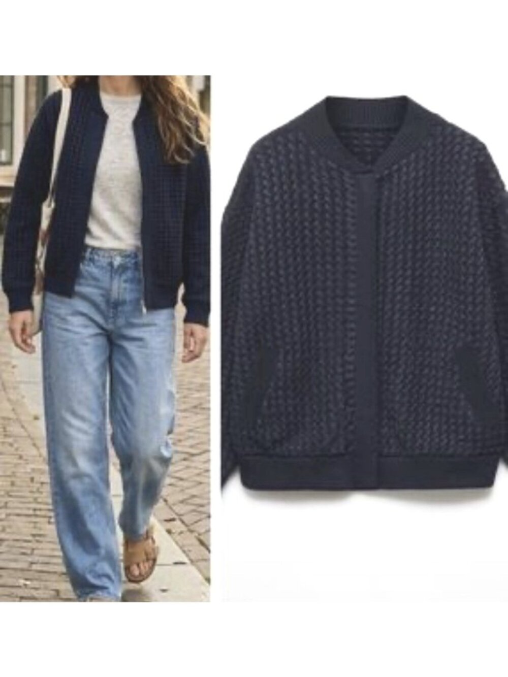 Mango MNG Womens Navy Blue Textured Knit Full Zip Bomber Jacket Sweater Size S